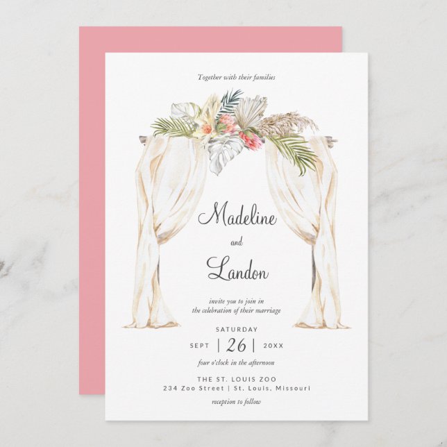 Invitación de destino del Boho Tropical Boda (Anverso / Reverso)