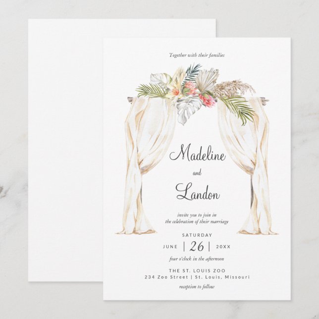 Invitación de destino del Boho Tropical Boda (Anverso / Reverso)
