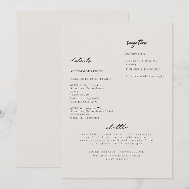 Invitación de Detalle de Boda Simple Moderna Beige (Anverso / Reverso)