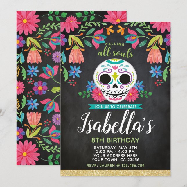 Invitación de Dia de los Muertos Birthday (Anverso / Reverso)