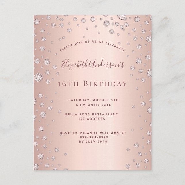 Invitación de diamante de oro rosa para fiesta de  (Anverso)