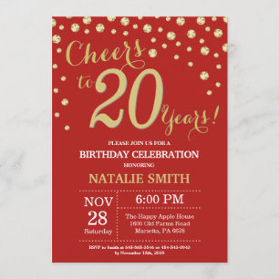 Invitación de diamantes de cumpleaños 20 de rojo y