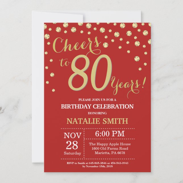 Invitación de diamantes de cumpleaños 80 de rojo y (Anverso)