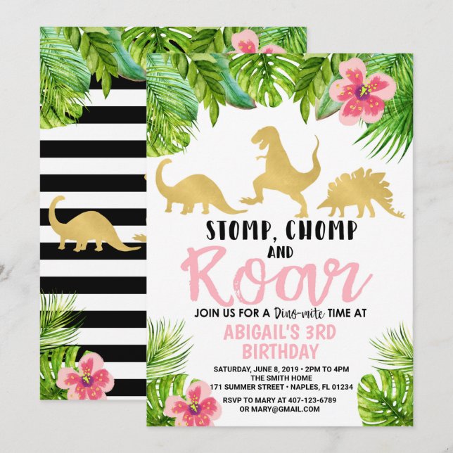 Invitación de Dino de la invitación del cumpleaños (Anverso / Reverso)