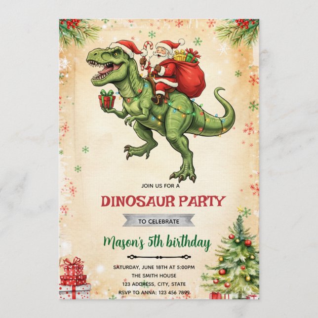 invitación de dinosaurio de navidad y santa (Anverso)