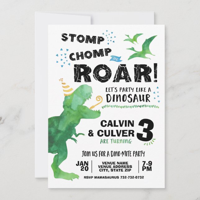 Invitación de dinosaurio para cumpleaños de gemelo (Anverso)