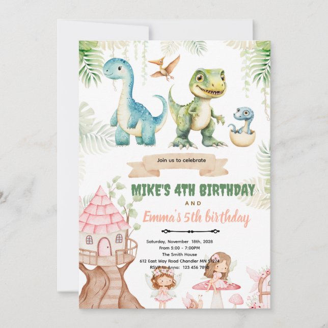 invitación de dinosaurio y hada del bosque (Anverso)