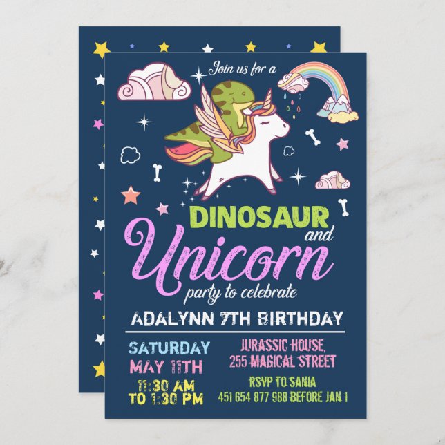 Invitación de Dinosaurio y Unicornio - INVITACIÓN  (Anverso / Reverso)