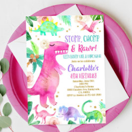 Invitación de dinosaurios chicas a la fiesta de cu