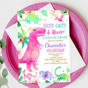 Invitación de dinosaurios chicas a la fiesta de cu