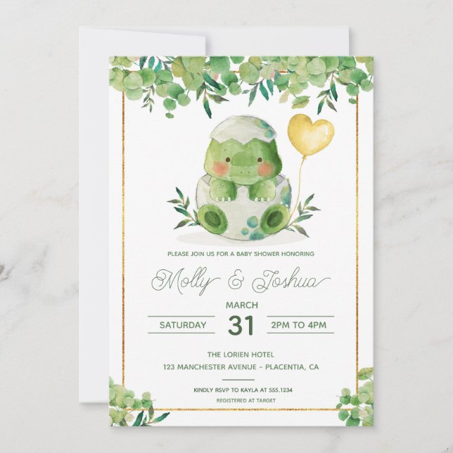 Invitación de dinosaurios de Baby Shower Greenery  (Anverso)