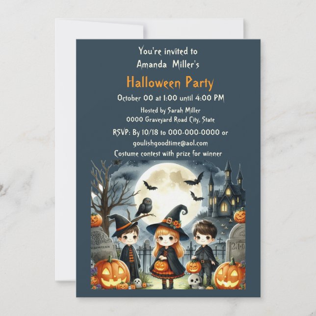 Invitación de disfraz de niños de Halloween (Anverso)