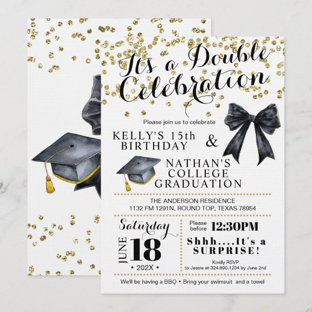 Invitación de doble celebración de cumpleaños y gr (Anverso / Reverso)