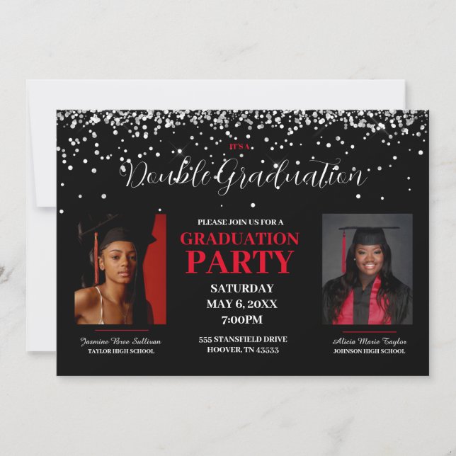 Invitación de doble graduación en negro y rojo (Anverso)
