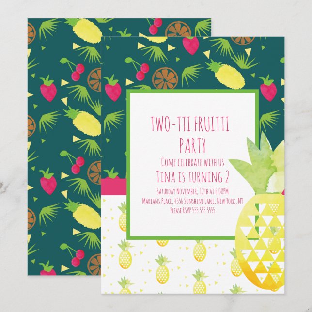 Invitación de doble patrón tropical Tutti Fruitti (Anverso / Reverso)