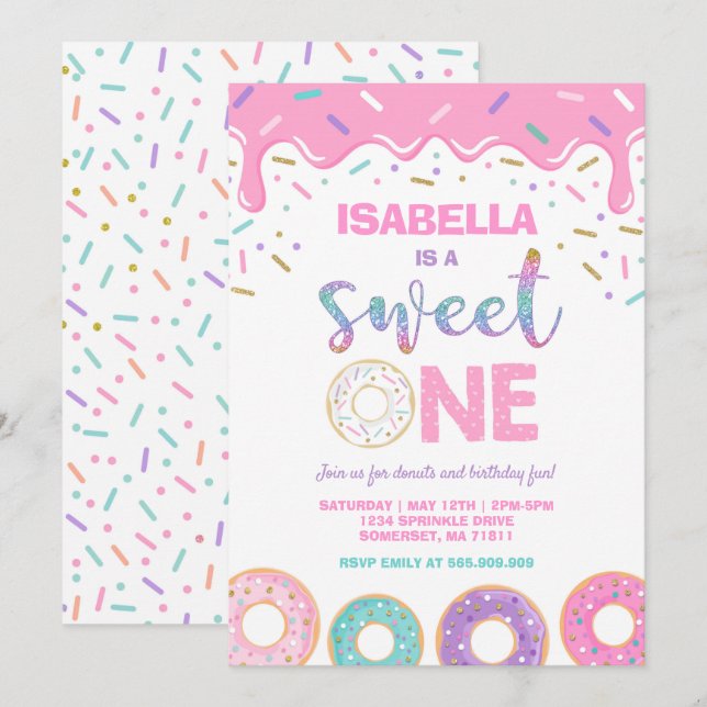 Invitación de Donut 1er cumpleaños Donut Sweet One (Anverso / Reverso)