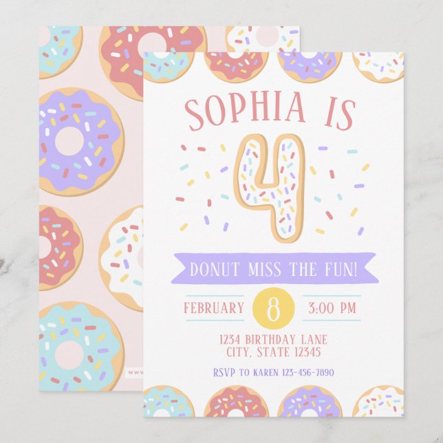 Invitación de Donut Fourth Birthday (Anverso / Reverso)