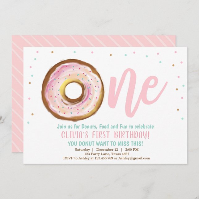 Invitación de Donut Un Chica Primer Fiesta de Cump (Anverso / Reverso)
