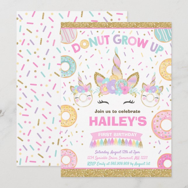 Invitación de Donut y Unicornio Donut Grow Up Part (Anverso / Reverso)
