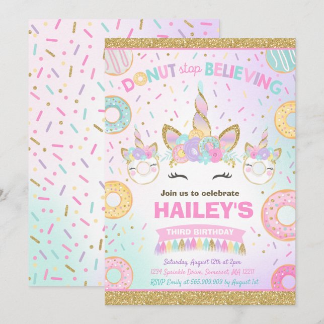 Invitación de Donut y Unicornio No Dejes de Creer (Anverso / Reverso)