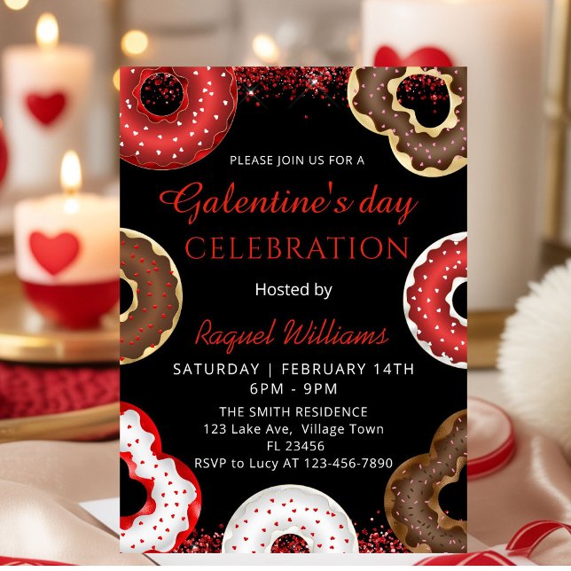 Invitación de Donuts para Fiesta del Día de Galent (Red Glitter Galentine's Day Brunch Donuts Invitation)