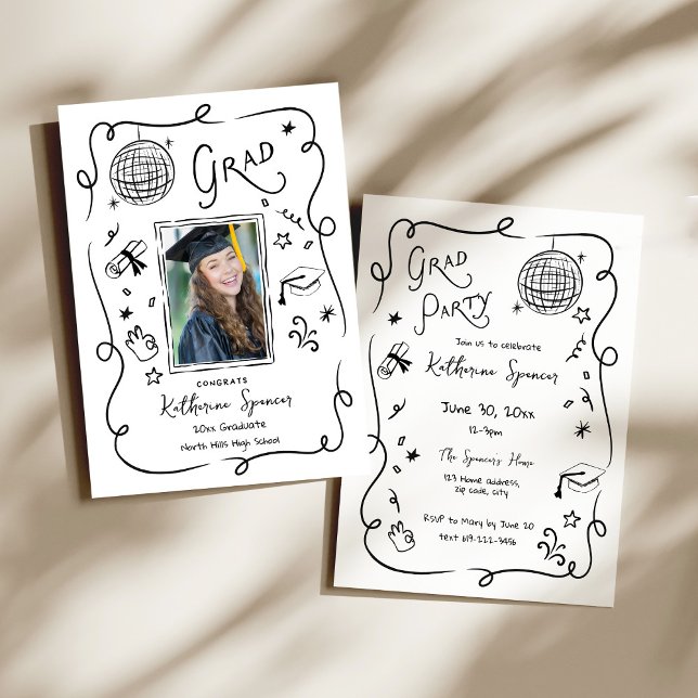 Invitación de Doodle de Foto para Fiesta de Gradua (Whimsical Doodle Hand drawn Grad Party Photo Doodle Invitation)