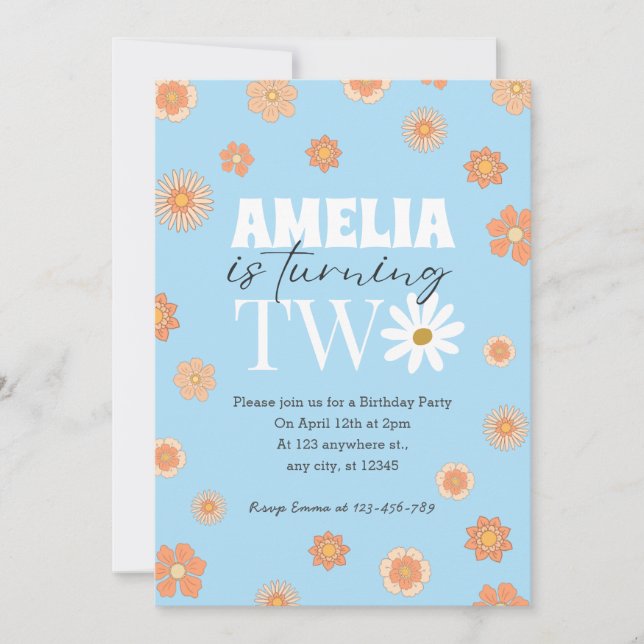 Invitación de dos cumpleaños a Sky Blue Daisy (Anverso)