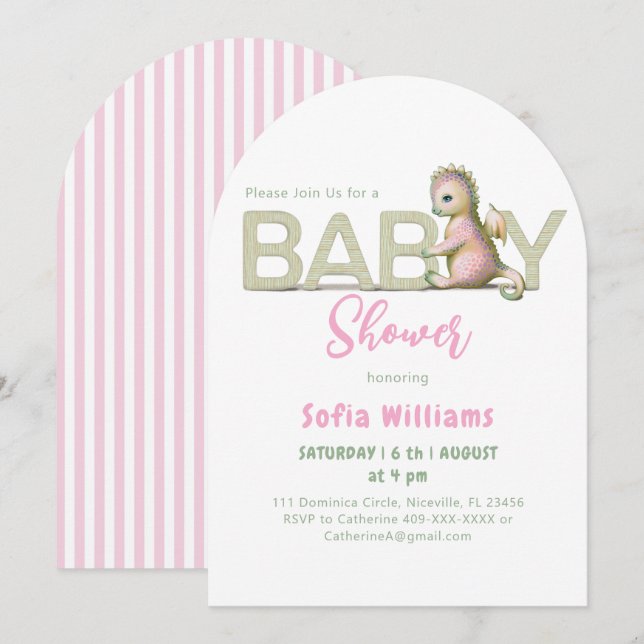 Invitación de dragón lindo para baby shower. (Anverso / Reverso)