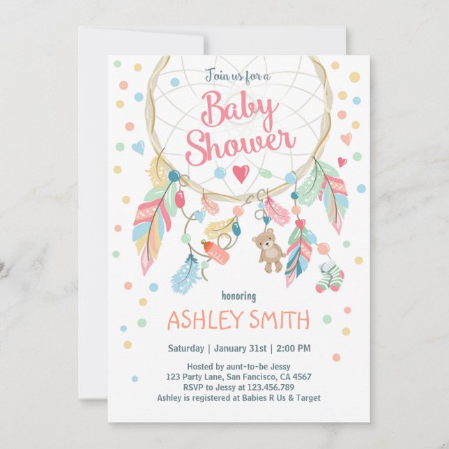 Invitación de Dreamcatcher Baby Shower Boho tribal (Anverso)