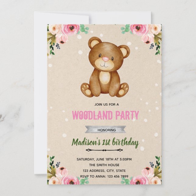 invitación de ducha boho bear woodland (Anverso)