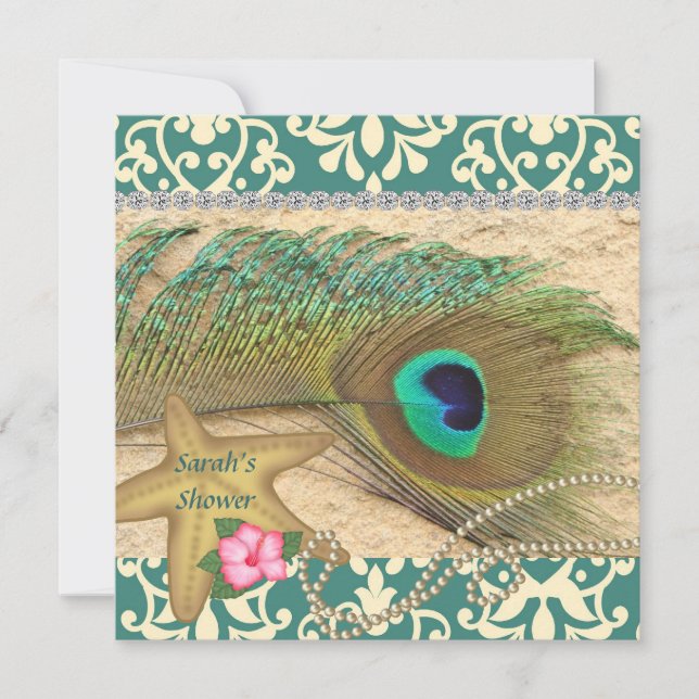 INVITACIÓN DE DUCHA BRIDAL DE DAMASK PEACOCK BEACH (Anverso)