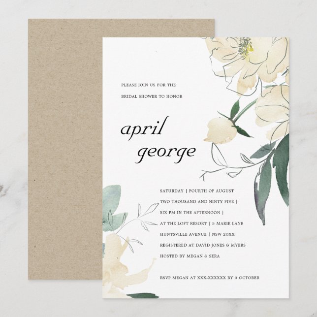 INVITACIÓN DE DUCHA BRIDAL DE FLORAL VERDE EN MARF (Anverso / Reverso)