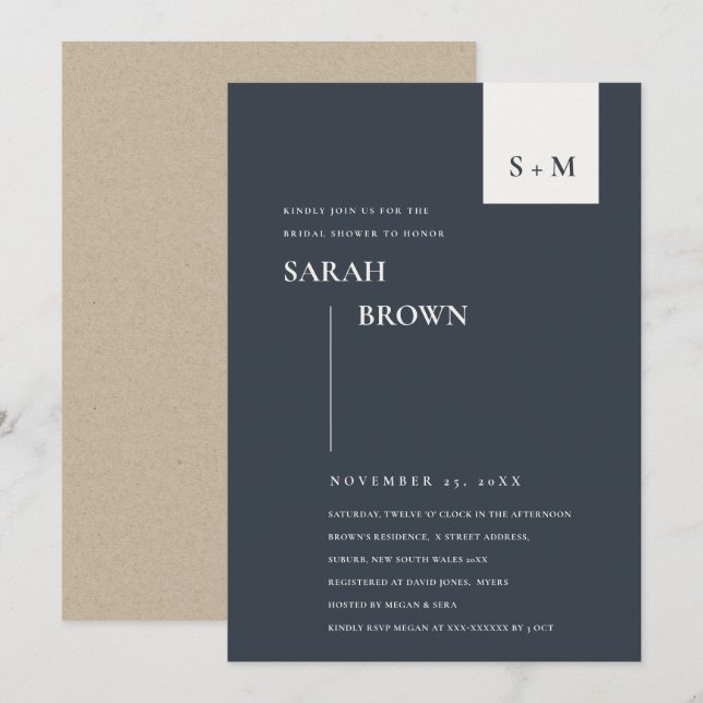 INVITACIÓN DE DUCHA BRIDAL DE MONOGRAMA BLANCO NEG (Anverso / Reverso)