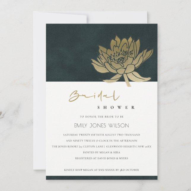 INVITACIÓN DE DUCHA BRIDAL FLORAL DE LOTUS ORO VER (Anverso)