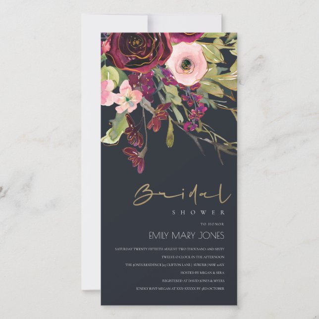 INVITACIÓN DE DUCHA BRIDAL FLORAL DEL ROSA NEGRO R (Anverso)