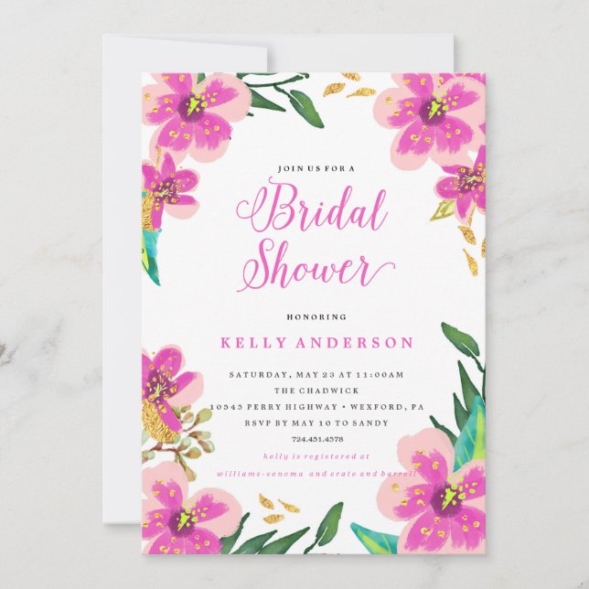 INVITACIÓN DE DUCHA BRIDAL - flores doradas púrpur (Anverso)