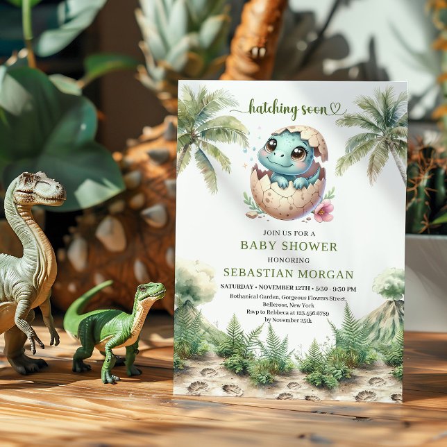 Invitación de ducha de acuarela de dinosaurio lind (Cute Hatching Soon Dino Watercolor Shower Invite)