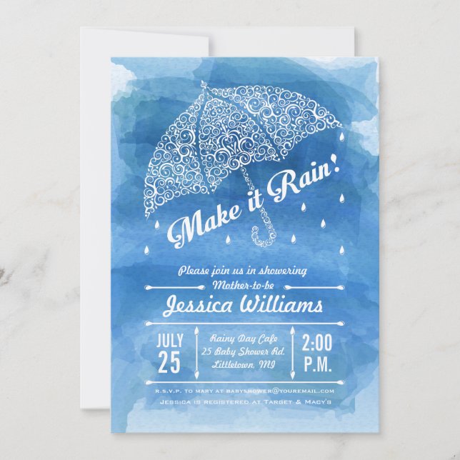 Invitación de ducha de acuarela Lluvia Azul (Anverso)