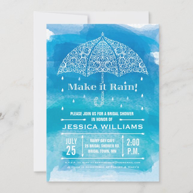 Invitación de ducha de acuarela Lluvia Azul (Anverso)