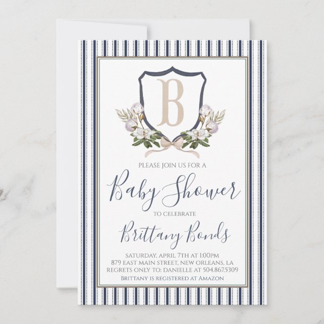 Invitación de ducha de algodón preppy Baby Boy Cot (Anverso)