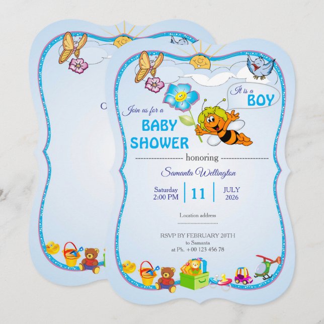 Invitación de ducha de bebé con abeja para niño (Anverso / Reverso)