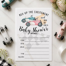 Invitación de ducha de bebé con coches de carreras