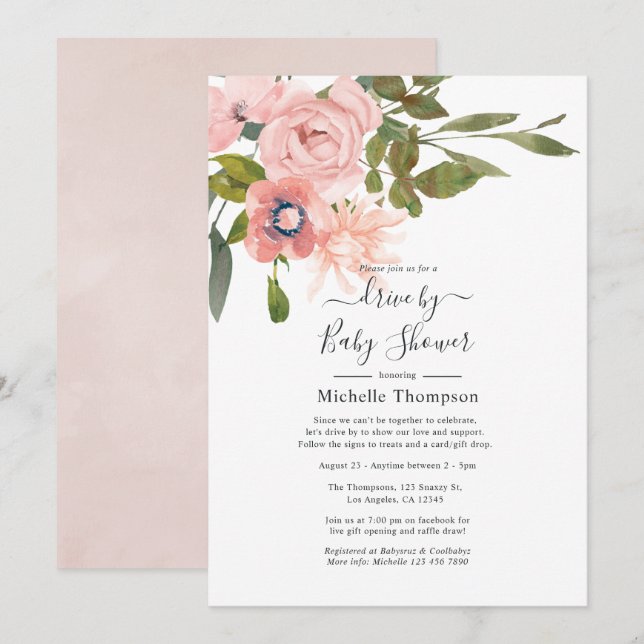 Invitación de ducha de bebé con flores rosadas (Anverso / Reverso)