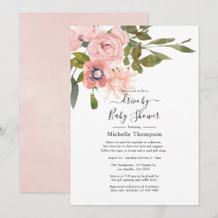Invitación de ducha de bebé con flores rosadas
