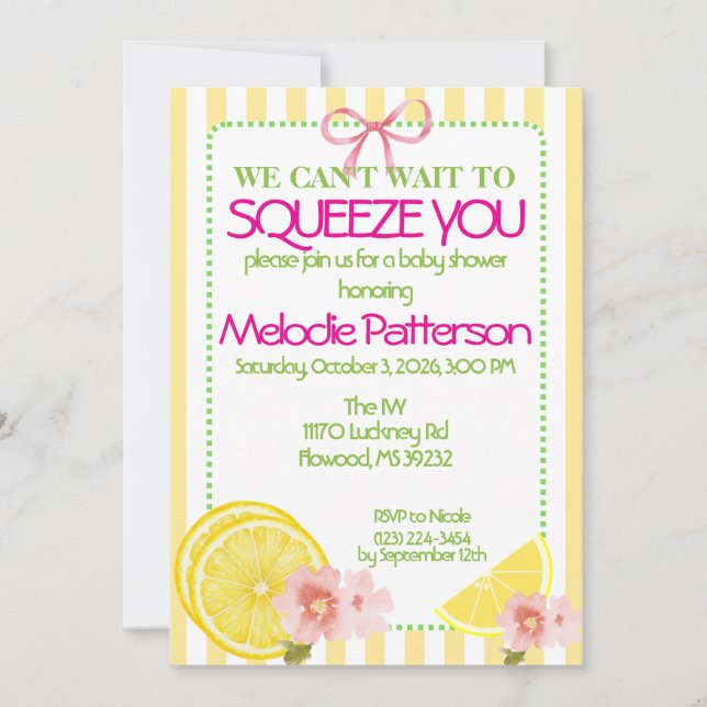 Invitación de ducha de bebé con limón (Anverso)