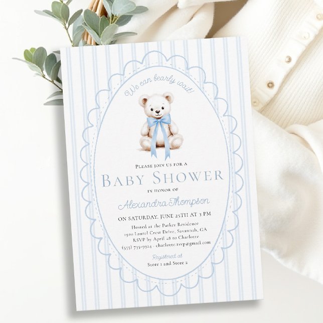 Invitación de ducha de bebé con osito Barely Wait  (bearly wait baby shower invitation traditional classic nursery decor blue stripes teddy bear bow )