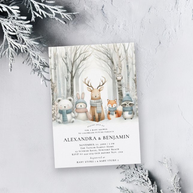 Invitación de ducha de bebé de animales del bosque (winter baby shower invitations woodland animals wolderland cute enchanted forest characters)