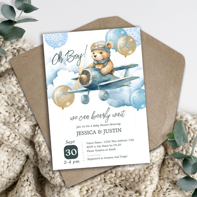 Invitación de ducha de bebé de avión de osito de p (Subido por el creador)