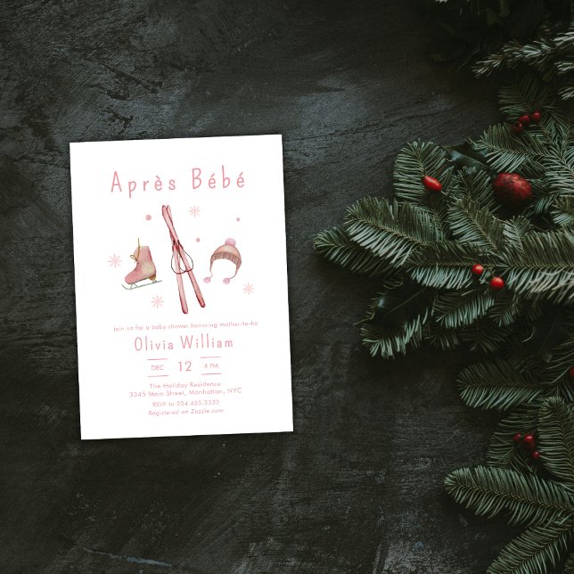 Invitación de ducha de bebé de bosque invernal ros (Pink Winter Woodland Après Bébé Ski Baby Shower Invitation)