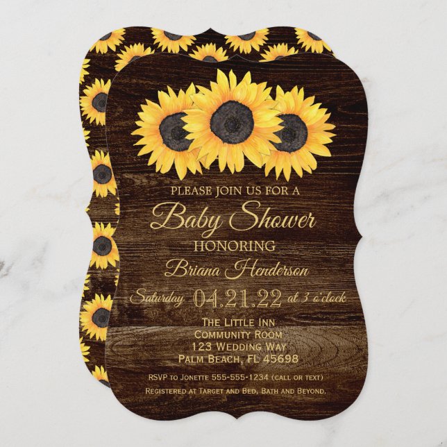 Invitación de ducha de bebé de girasoles rústicos  (Anverso / Reverso)